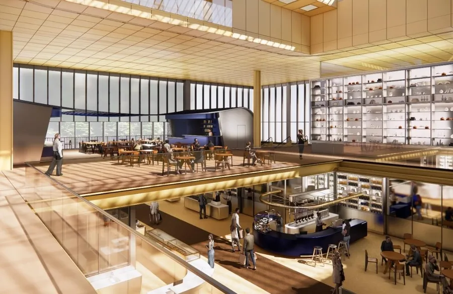 Visualisierung der sanierten Maison du Peuple in Clichy für Ducasse Paris: ein Galerierestaurant über einer Halle mit Tresen und Regalen